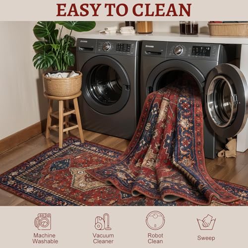 Tangsoo Oriental 2x3 Washable Rugs, Red Vintage Non Slip Small Area Rug Carpet, Indoor Front Door Rug for Entryway, Door Mat Indoor Entrance Soft Low Pile Throw Rugs for Entry Kitchen Bedroom - color: Red/Blue/Beige, size: 2' X 3' (Rectangular)