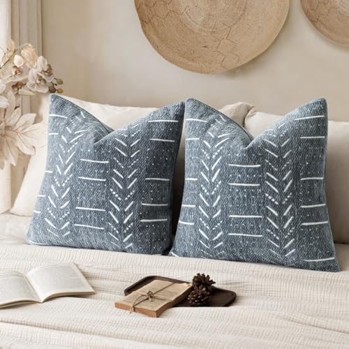 Home Décor Decorative Boho Accent Chenille Throw Pillow Covers,Textured Neutral Cushion Covers,Soft Farmhouse Pillowcase for Couch Sofa Chair Bed Living Room, 18×18 Inch, Set of 2, Dusty Blue - color: Dusty Blue, size: 18" x 18" (Pack of 2)