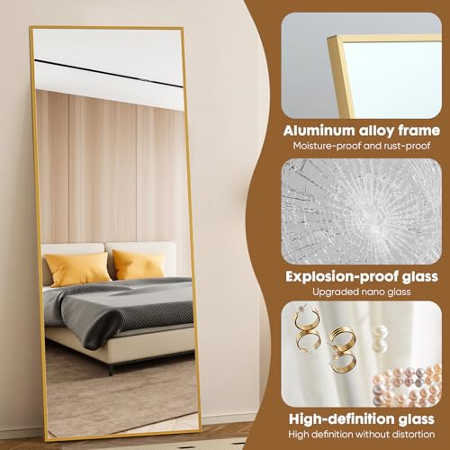 DUMOS 70.4"x25.6" Full Length Mirror with Stand, Floor Body Mirrors Shatter-proorf Nano Glass with Aluminum Frame, Free Standing or Hanging Leaning, Modern Simple for Home Decor, Gold - color: Gold-rect Edge, size: 70.4"L x 25.6"W