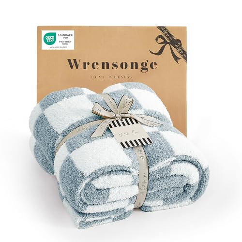 WRENSONGE Checkered Throw Blanket, Grey Blue Soft Cozy Fluffy Warm Hand Made Throw Blankets for Couch, Sofa, Chair, Bed, Camping, Picnic, Travel Lightweight Bed Blanket - 50"*60" - color: Arctic Blue, size: Throw (50"x 60")