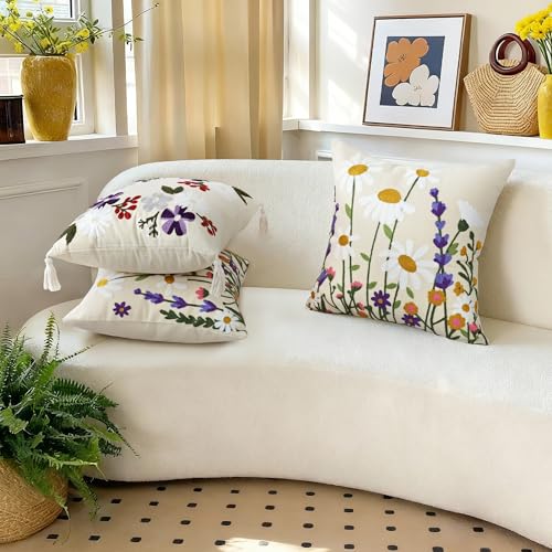 Floral Embroidered Decorative Throw Pillow Covers 18x 18 Inch Set of 1, Boho Spring Farmhouse White Daisy Flowers Patterned Canvas Cushion case for Couch Sofa Bed Living Room Home Decor - color: Falling Petals