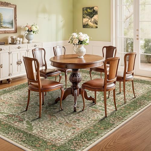 6x9 Floral Washable Area Rug for Living Room, Vintage Boho Rugs for Bedroom Dining Room, Botanical Birds Non Slip Low Pile Forest Throw Carpet for Farmhouse Office, Retro Pink/Green - color: Pink Green (Larger Pattern), size: 6' x 9' (Rectangular)