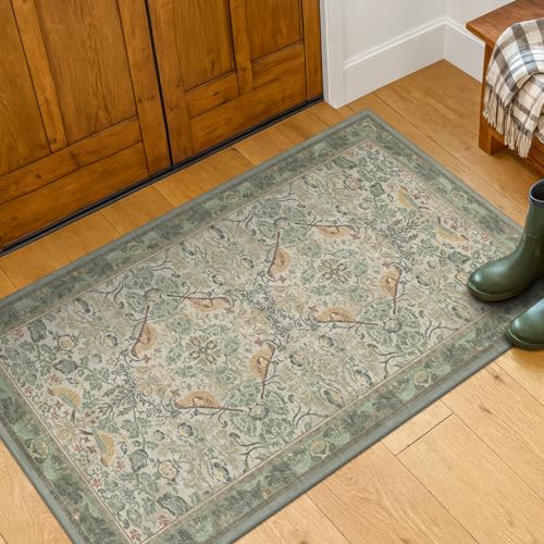 Washable Sage Green Floral Rugs for Entryway - Small 2x4 Runner Rug for Kitchen Bathroom Door Mat Indoor Entrance with Bird & Botanical Pattern, Light Green and Beige, Non Slip Low Pile - color: Sage Green, size: 2' x 4' (Rectangular)