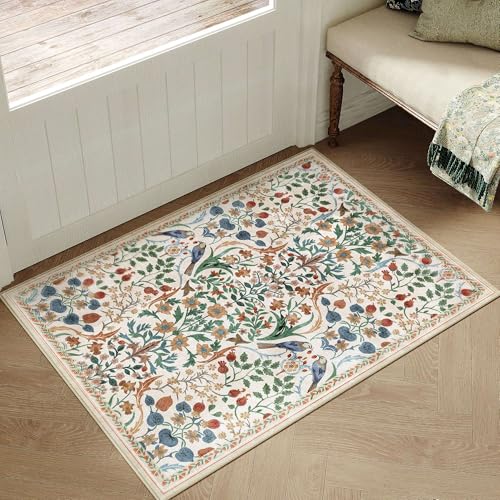 2x3 Washable Area Rug for Entryway Beige Floral Vintage Non Slip Low Pile Thin Rug Soft Lightweight Stain Resistance Doormat Living Room Kitchen Bathroom Laundry Room Home Decor - color: Floral | Beige, size: 2'x3'