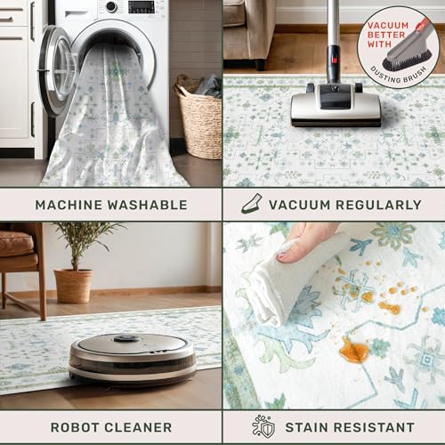 Washable Boho Bathroom Rug 2x3 - Small Throw Area Rugs for Powder Room, Laundry, Kitchen, Blue and Green Oushak Modern Eclectic Geometric Floral Pastel Decor, Low Pile Non-Slip Stain Resistant - color: Cream Green, size: 2' x 3' (Rectangular)