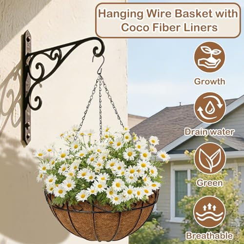 2 Pack 14 inch Metal Hanging Baskets for Plants, Round Metal Wire Hanging Basket Planter with Coco Fiber Liners Chain for Garden Home Porch Patio, Flower Border - size: 14" x 2 Pack, style: Flower Border