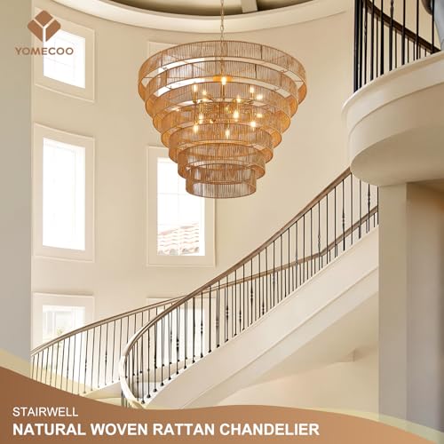 39.4" Large Rattan Chandelier 15-Lights Farmhouse Boho Woven Bamboo Chandelier Rustic Drum Wicker Rattan Golden Chandeliers for Dining Room, Kitchen, Living Room, Entryway, E12 - color: Gold 39IN