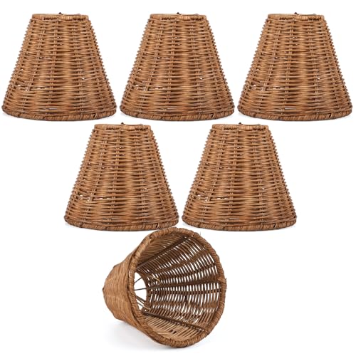Set of 6 Rattan Lamp Shade Natural Rattan Clip-on Chandelier Lampshade Mini Handmade Woven Vintage Boho Farmhouse Wicker Table Light Cover for Candle Bulb (Round)