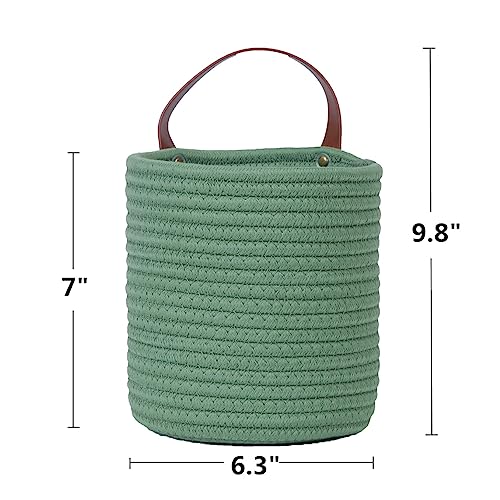 2pack Small Hanging Basket-Cotton Rope Wall Basket with Handle, Hanging Storage Baskets, Shelf Baskets Storage Bin Closet Organizer - 6.3" x 7", Woven Plant Basket (Green) - color: Green