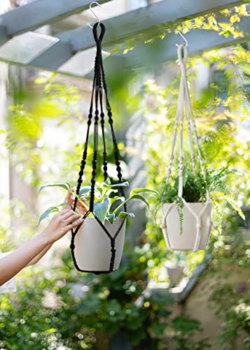 Macrame Plant Hanger Indoor Hanging with Wood Beads Macrame Planters No Tassel for Indoor Outdoor Boho Home Decor 35 Inch (Black,2pcs) - color: Black