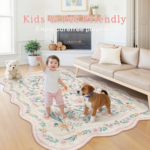 8x10 Scalloped Rug for Living Room, Pink Floral Rug for Girls Bedroom,Washable Rugs Soft Low Pile Non Slip Rugs for Nursery College Bedroom Decor Kids Room Playroom - color: Pink Scalloped, size: 8' x 10' (Rectangular)