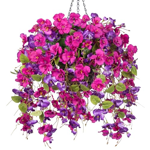 Artificial Fake Hanging Hibiscus Flowers Plants Baskets for Outdoor Outside Spring Summer Decoration, Faux Silk Hibiscus Long Vines in Planter UV Resistant Realistic Flowers (PurpleDarkPurple) - color: Purpledarkpurple