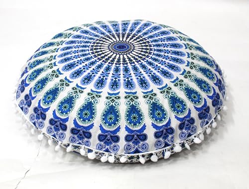 Sky Green Peacock Round Mandala Floor Pillow Cover Seating Cushion Throw Cover Hippie Decorative Bohemian Ottoman Pouf Cover, Pom Pom Pillow Cases,Boho Indian 32 Inches - color: Sky Green, size: 32" Round