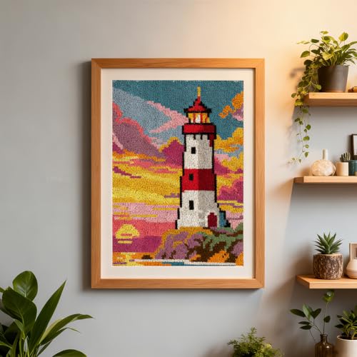 ORIGACH Lighthouse Latch Hook Rug Kit for Adults Printed Rug Making Kit Handmade Carpet Tapestry Cover with Hook Latch and Preprinted Canvas, Home Arts Crafts Sofa Decor, 20.5x15inch - style: Lighthouse