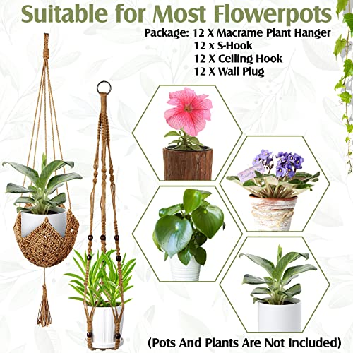 Hoteam 12 Pcs Macrame Plant Hangers Macrame Hanging Planters for Indoor Plants Handmade Boho Hanging Baskets Flower Pots Holder for Outdoor Home Wall Decor - color: Brown