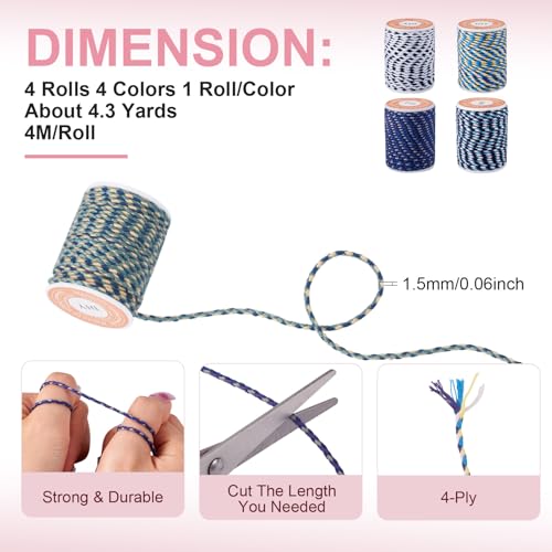 17.2 Yards 1.5mm Macrame Polycotton Cord 4-Ply Twine Braided Thread Chinese Knotting Cord for Friendship Bracelet DIY Craft String Knitting Macrame Rope Wall Hangers Decoration - color: Mixed Color 6, size: 1.5mm