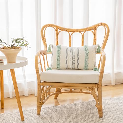 Boho Throw Pillow Covers 12x20 Set of 2 Woven Tufted Farmhouse Pillows Cover with Tassels Textured Striped Cushion Case Lumbar Pillow Cases Decorative Pillowcase for Sofa, Couch, Bed, Light Green - color: Light Green, size: 20" x 12" (Pack of 2)