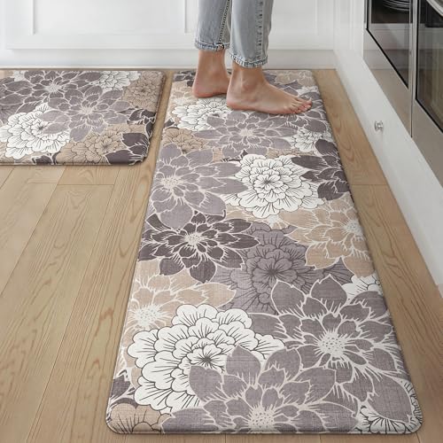 GENIMO Kitchen Mats for Floor, Kitchen Rugs Non Slip Washable Sets of 2, Waterproof Cushioned Anti Fatigue Mat, Floral Runner Rug for Laundry, Sink, Office, Home, 17.3"x59"+17.3"x30", Coffee Brown - color: Coffee&brown, size: 17.3"x59"+17.3"x30"