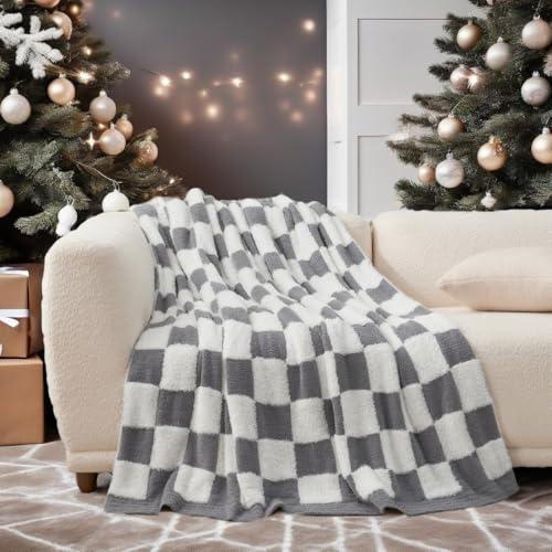Snuggle Sac Faux Fur Checkered Blanket Twin Size with Soft Knitted Microfiber Fabric,Cozy Soft Warm Blanket for Sofa Bedroom Living Room,Grey Checker,60x80 inches - color: Grey White, size: Twin(60"x80")