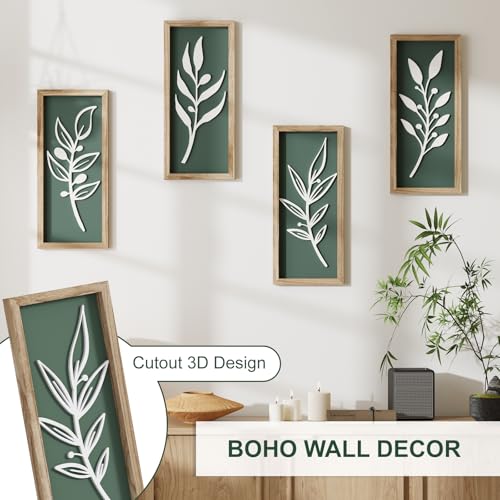 3D Tree Leaf Sage Green Boho Wall Art Lightweight (Set of 4), Minimalist Botanical Farmhouse Wooden Framed Bathroom Wall Decor For Living Room Bedroom Kitchen Office Hallway Decorations - color: Tree leaf Green (Set of 4)