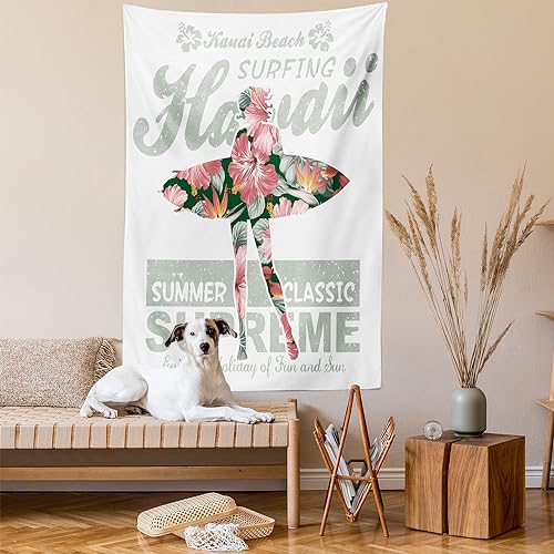 Ambesonne Hawaiian Tapestry, Tropical Hawaii Hibiscus Surfing Girl Silhouette Surfboard Retro Themed Artprint, Wall Hanging for Bedroom Living Room Dorm Decor, 40" X 60", Coral Green - color: Coral Green, size: 60"L x 40"W