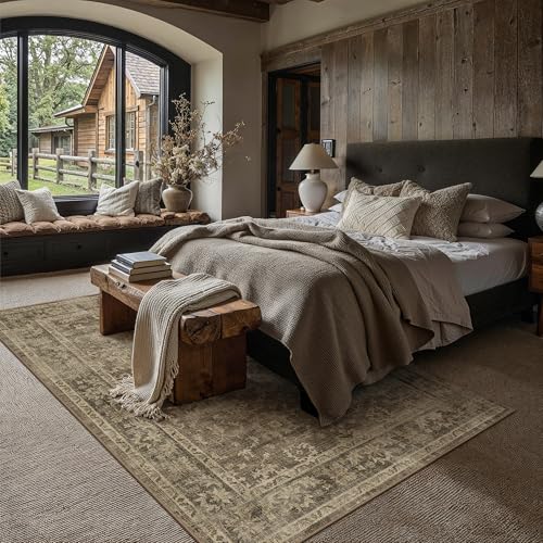HUGEAR 6x9 Area Rug Brown Machine Washable Rug Room Decor Vintage Distressed Living Room Carpet Non Slip Low Pile Throw Rugs for Bedroom Dining Room Office Soft Lightweight - color: A| Brown, size: 6' x 9' (Rectangular)