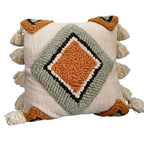 Boho Decorative Throw Pillow Cover, Cream, Tufted Diamond Pattern with Tassels, Square, Bohemian Style