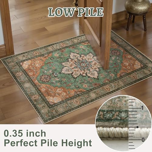 Tangsoo 2x3 Rugs for Entryway, Washable Vintage Non Slip Small Area Rug, Indoor Front Door Rug, Print Door Mat Small Carpet, Soft Low Pile Rugs for Entrance Kitchen Bedroom Home Decor - color: Tan/Green, size: 2' X 3' (Rectangular)