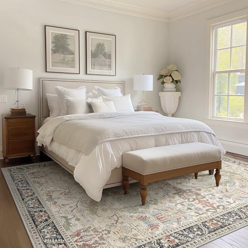 Clearance 10x14 Area Rugs for Living Room, Boho Machine Washable Rugs Non-Slip, Extra Lage Vintage Rugs for Bedroom Dinning Room, Morden Vintage Floral Farmhouse Cottage Carpet, Ivory/Teal - color: Ivory/Teal, size: 10' x 14' (Rectangular)