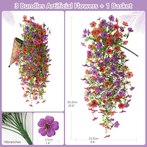 INQCMY Artificial Hanging Flower Baskets for Spring Outdoor Decoration Fake Plants UV Resistant Faux Silk Daisy with Eucalyptus Leaves Realistic Look for Home Porch Patio Yard - color: Red Purple