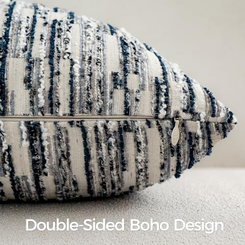 a moment Boho Throw Pillow Covers Set of 2,Striped Decorative Rustic Farmhouse Pillow Cases,Aesthetic Modern Home Decor Couch Cushion Covers for Bed Sofa Living Room 18"X18" Blue - color: Blue, size: 18" x 18" (Pack of 2)