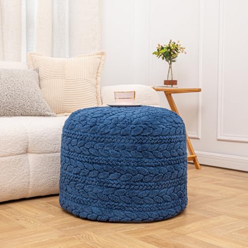 Poofieotto Unstuffed Ottoman Pouf Cover – Round Faux Fur Footstool Plush Floor Pouf (No Filler Included) Perfect for Living Room, Bedroom, or Office Lounge (Navy Blue, 20x20x15 in) - color: Navy Blue, size: 20"D x 20"W x 15"H