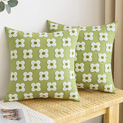 EMEMA Decorative Throw Pillow Covers Daisy Sun Flower Jacquard Pillowcase Cushion Case Square for Couch Sofa Bed Living Room Bedroom Set of 2, 18x18 Inch, Sage Green - color: A-sage Green, size: 18" x 18" (Pack of 2)