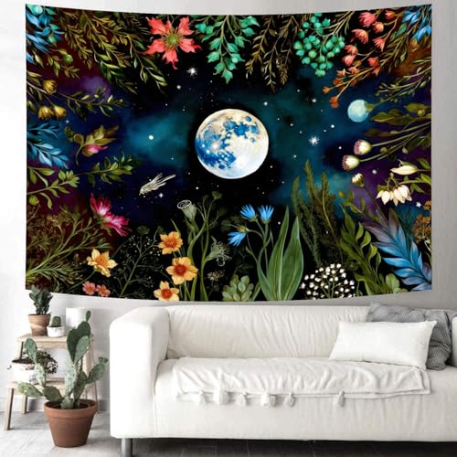Delur Moonlit Garden Tapestry Boho Moon Floral Plant Tapestry Wall Hanging Colorful Flower Botanical Nature Night Landscape Headboard for Bedroom Living Room Home Decor (51.2" x 59.1") - color: Moonlit Garden, size: 51.2"L x 59.1"W