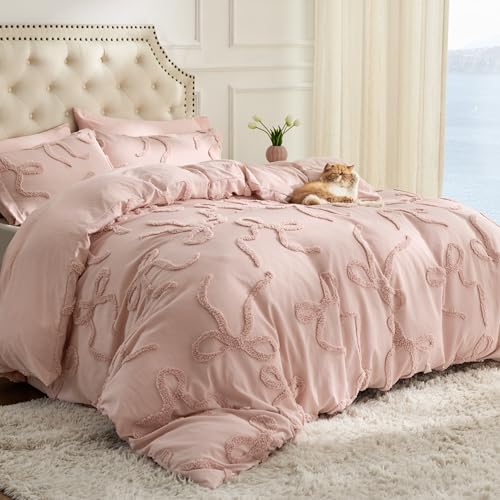 Bedsure Tufted Rose Pink Queen Size Comforter Sets, GentleSoft™ 3 Pieces Bow Cute Bedding Pink Room Decor, Gifts for Girls Teens Women, All Seasons, 1 Bed Comforter, 2 Pillow Shams, 90x90 Inches - color: 04 - Tufted Bow Rose Pink, size: Queen (90" x 90")