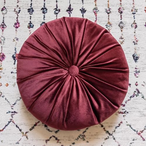 Round Throw Pillow 13.7” Dutch Velvet Pleated Round Pumpkin Throw Pillow Couch Pillows Floor Cushions for Sofa Chair Bed Car Living Room Home Decoration, Wine Red - color: Wine Red