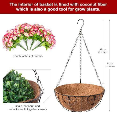 Ammyoo Artificial Hanging Flower Plants with Basket for Outdoor Decoration, Faux Petunias Flowers Fake Morning Glories Planter for Outside Patio Garden Porch Balcony Yard Decor(Pink) - color: Pink