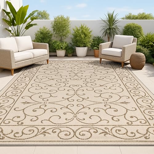 JONATHAN Y Vintage Filigree Indoor Outdoor Area Rug 8X10 Beige/Brown, Charleston Textured Weave for Backyard, Patio, Porch, Easy-Cleaning, High Traffic, Pet-Friendly, Non-Shedding (SMB106A-8) - color: Beige/Brown, size: 7'9" x 10' (Rectangular)