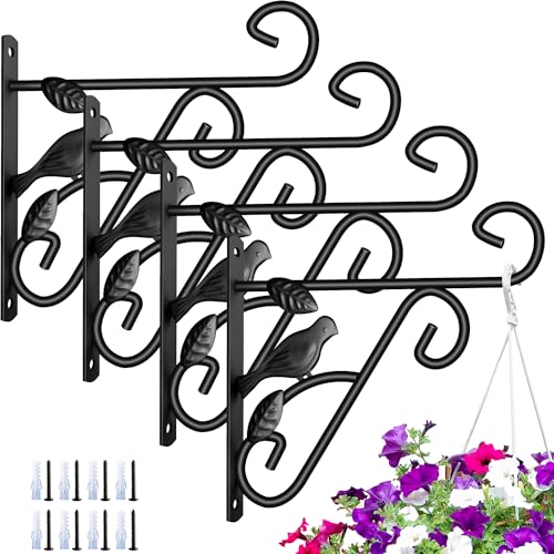 AMAGABELI GARDEN & HOME 4 Pack Hanging Plant Brackets Outdoor 10 inch Metal Fence Wall Plant Hanger Hooks for Hanging Flower Baskets Bird Feeders Lanterns Wind Chimes Rust-Resistant Black - size: 10 Inch, style: 4-Pack Bird 1 Hook