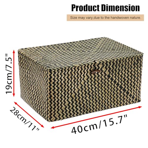 Hipiwe Wicker Shelf Baskets Bin with Lid, Handwoven Seagrass Basket Storage Bins Rectangular Household Basket Boxes for Shelf Wardrobe Home Organizer, Black,X-Large - color: Black, size: X-Large