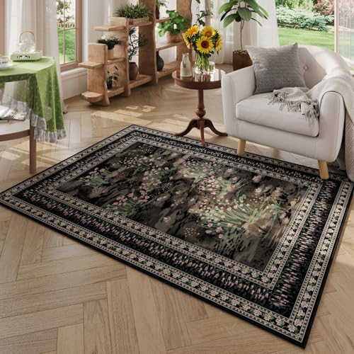 Rugcomf 3x5 Washable Rug Impressionist-Style Vintage Non Slip Low Pile Small Carpet for Bedroom Bedside Kitchen Entryway Kids Room Office College Dorm Essentials for Girls, Black - color: Black, size: 3' x 5' (Rectangular)