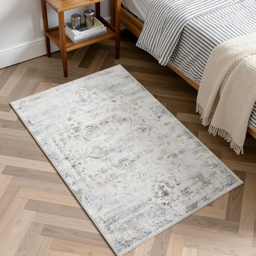 2'x3' Rugs for Living Room Bedroom, Washable Area Rugs, Pet & Kid Friendly Low Pile Carpet, Non-Shedding Non-Slip TPE Backing, Vintage Distressed Print Floor Mat for Bedroom Dining Room, Blue - color: Blue, size: 2x3
