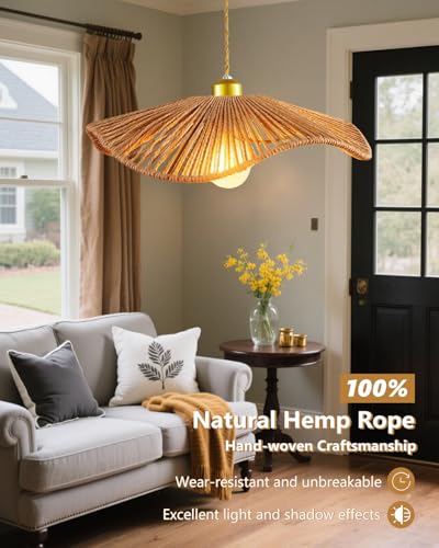 Woven Pendant Light, 15.7" Handmade Rattan Shade, Modern Boho Chandelier for Dining Room Wicher Hanging lamp Farmhouse Rattan Chandelier for Kitchen Island Living Room Bedroom - color: 15.74″-Fan-shaped