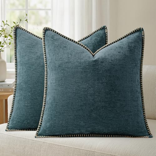 a moment Pack of 2 Decorative Chenille Throw Pillow Covers with Twill Cushion Covers for Sofa Living Room Couch Bed 16x16 Inch,Crafted Border Dark Teal - color: 1.crafted Border Dark Teal, size: 16" x 16" (Pack of 2)