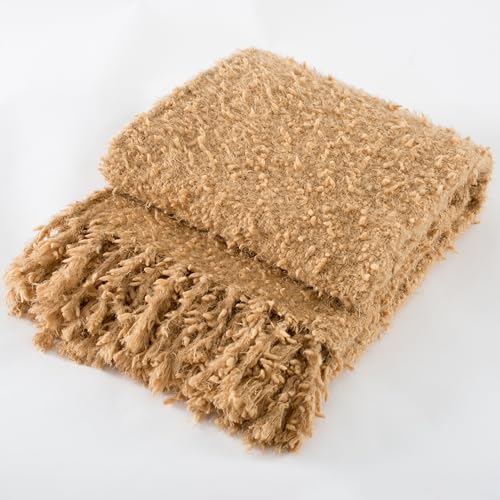 Winter Knit Throw Blanket Fluffy Fuzzy Soft Lightweight Cozy Farmhouse Tassels Chunky Knitted Throws for Couch Sofa Bed (Camel, 50"x60") - color: Camel, size: 50"x60"