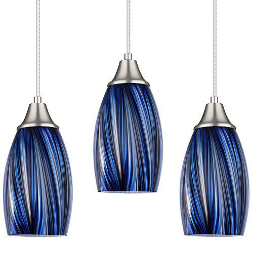 karyfine Dark Blue Glass Mini Pendant Lights for Kitchen Island 3Pack Blown Art Glass Pendant Lighting Shade Hanging Pendant Lights with Brushed Nickel Finish for Kitchen Over Sink,Dining Room - color: Dark Blue mixing Brown black-3Packs