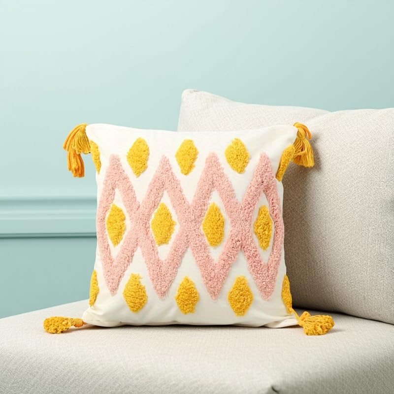 Andreannie Pack of 2 Boho Tufting Throw Pillow Cover Embroidered Textured Cushion Cover with Tassels Soft Home Decororative for Couch Sofa 18x18 inch (Pink and Yellow) - color: Pink and Yellow