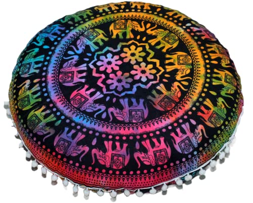 CRAFT KALA Mandala Floor Pillow Cushion Cover Seating Throw Cover Hippie Decorative Bohemian Ottoman Poufs Pom Pom Pillow Cases Boho Indian Cotton Living Room Home Décor 24" Round, Multi U.p Elephant - color: Multi U.p Elephant, size: 24" x 24" (Pack of 1