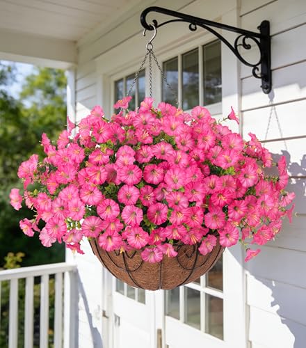 Artificial Faux Hanging Plants Flowers Basket for Outdoors Outside Spring Summer Decoration, Silk Pink Morning Glory in Planter UV Resistant Look Real Fake Flowers for Porch Patio Balcony Home Yard - color: Gradient Pink