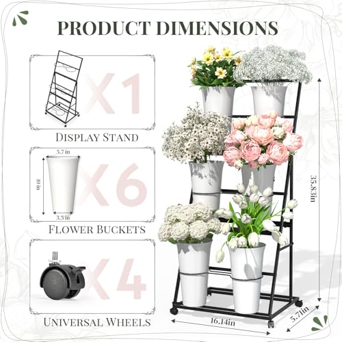 Black Tiered Flower Display Stand with 6 Buckets, Rolling 3-Tier Floral Cart for Florists, Markets & Events, Mobile Flower Presentation Rack for Shop, Patio or Wedding Setup